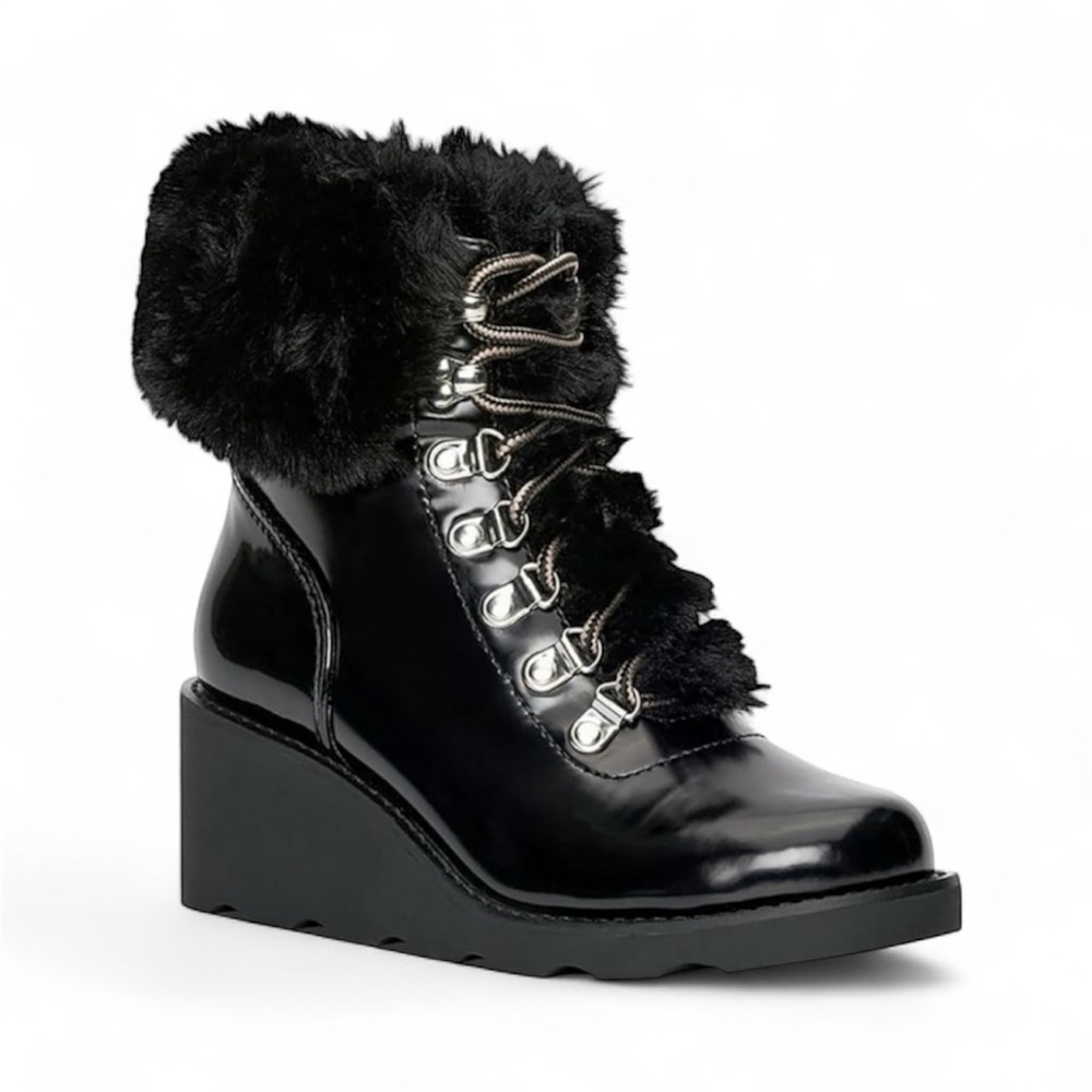 INC International Concepts Hanniap Black Faux Fur Boots, lace up, size various